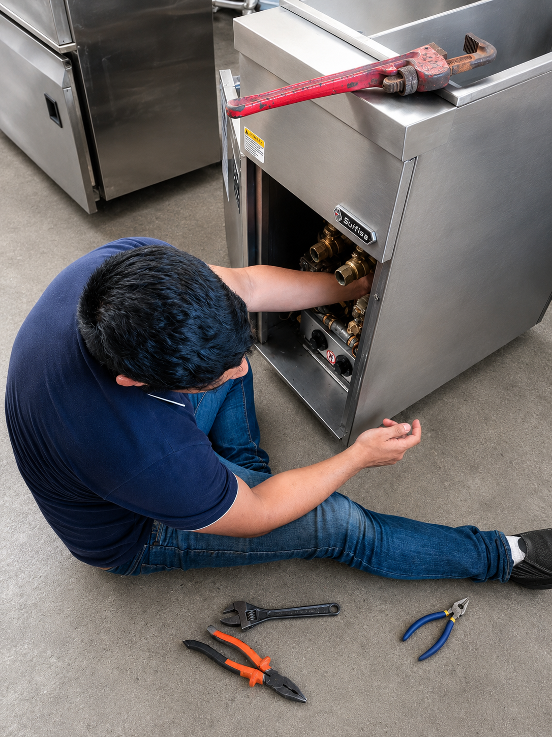 Técnico realizando manutenção em fritadeira industrial